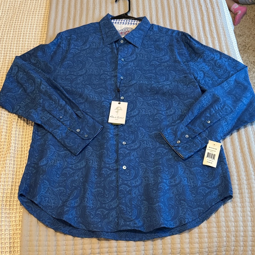 NWT - Robert Graham Men's Long Sleeve Blue Paisley Button-Up Shirt - Size Large